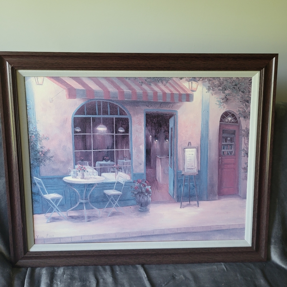 Charming Street Cafe Painting with Brown Frame